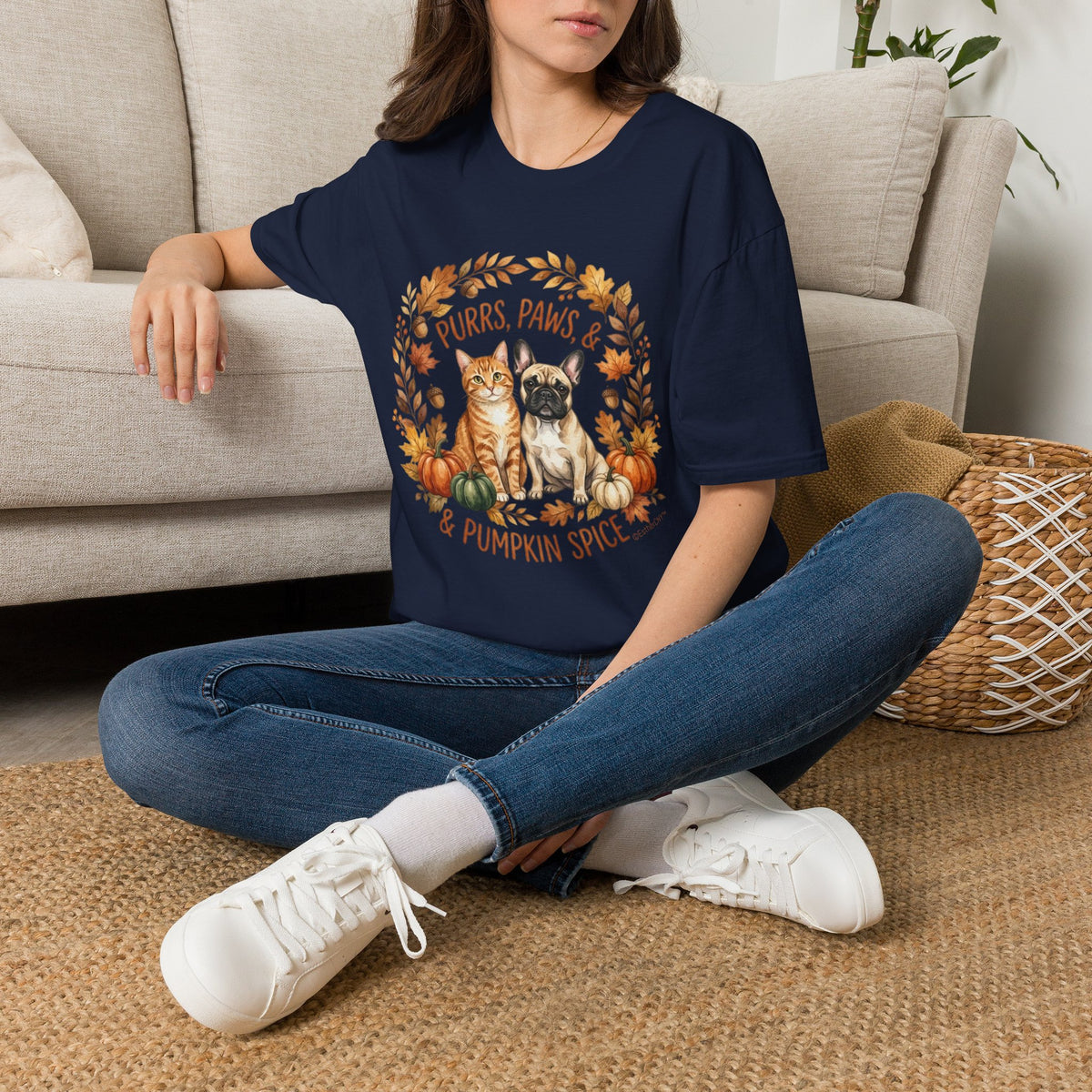 Purrs, Paws & Pumpkin Spice T-Shirt — Fall Cat & Dog Autumn Tee