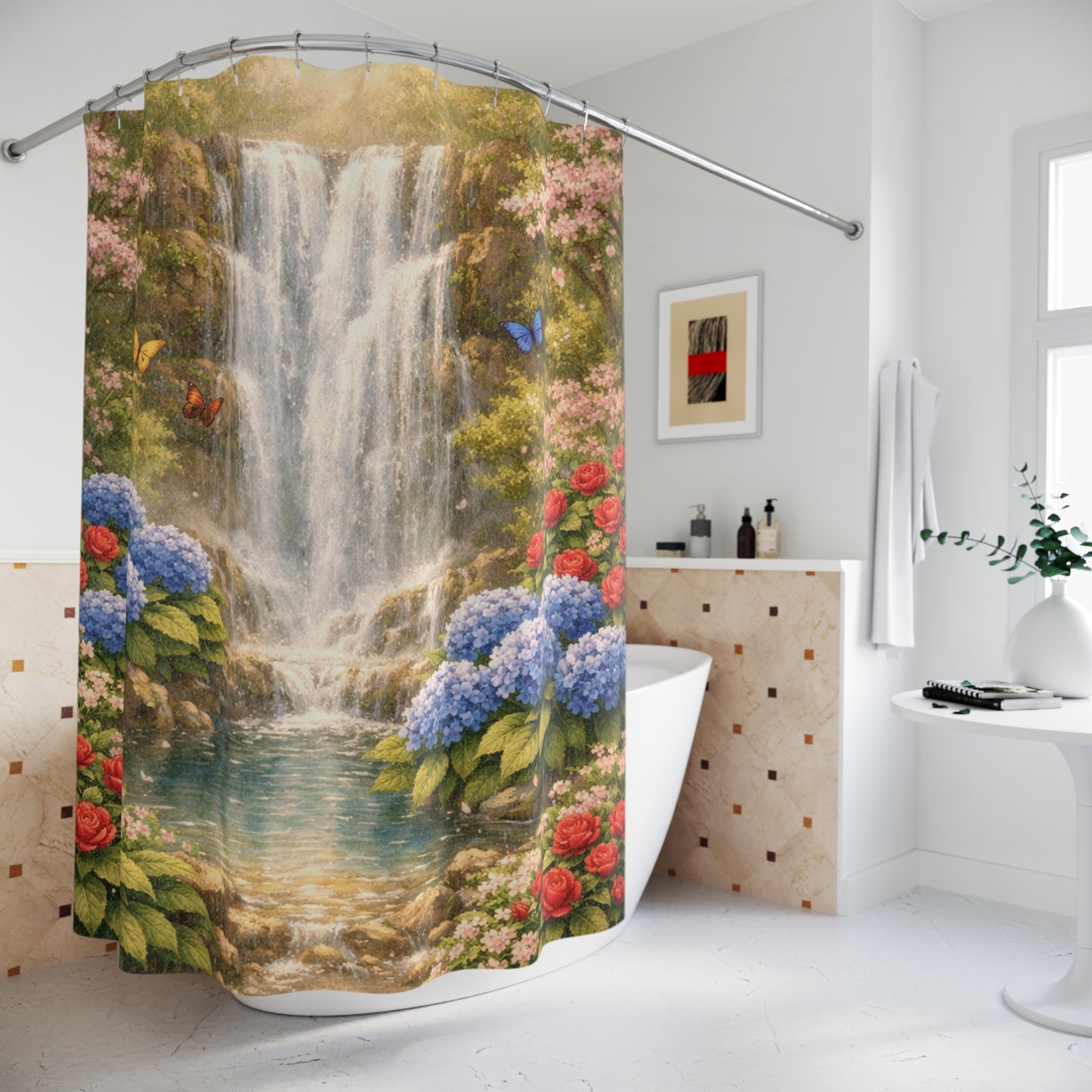 Waterfall Garden Shower Curtain — Hydrangea & Butterfly Bathroom Decor