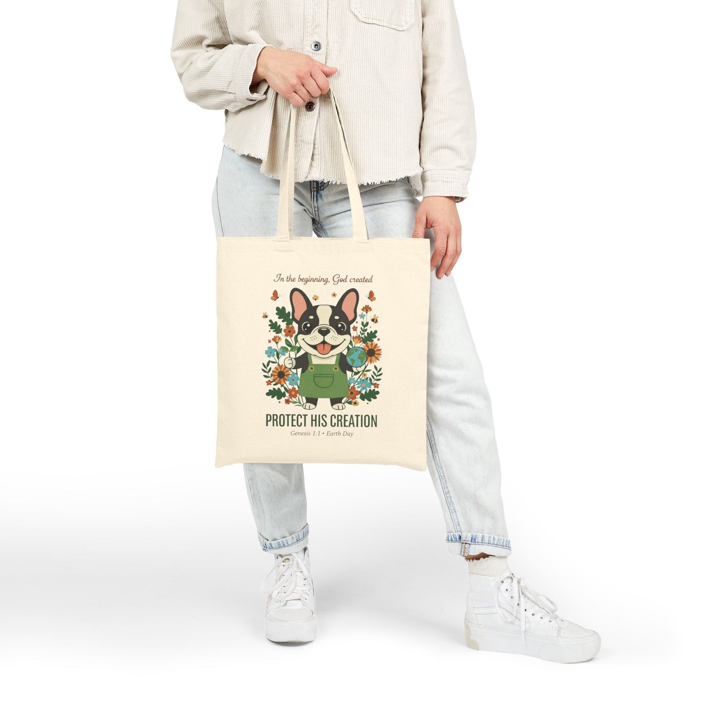 Protect His Creation — Christian Earth Day Canvas Tote Bag | Genesis 1:1 | Frenchie Eco Hero