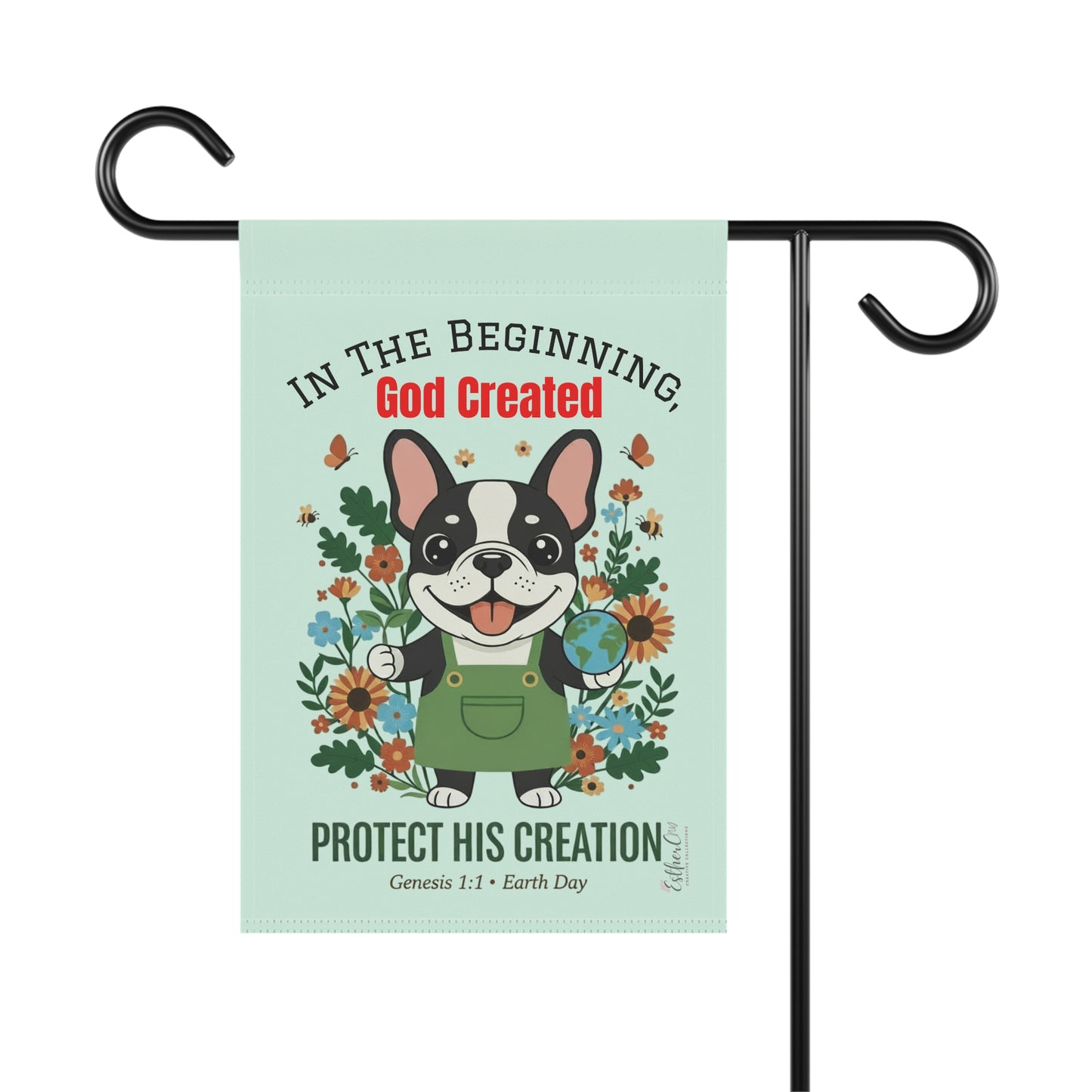 Garden Flag — “Protect His Creation” Floral Dog Garden Banner (Genesis 1:1, Earth Day)