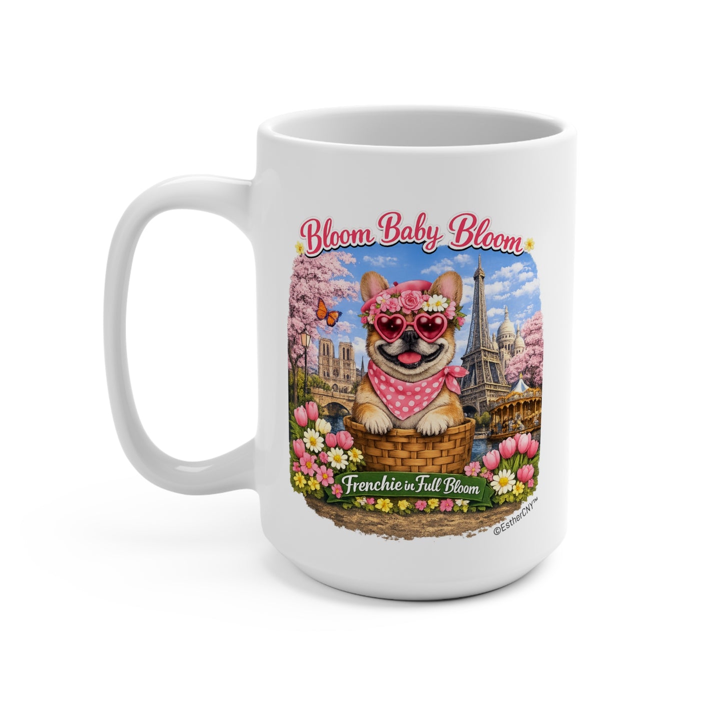 Frenchie in Full Bloom 15oz Ceramic Mug — Parisian Floral Dog Coffee Cup