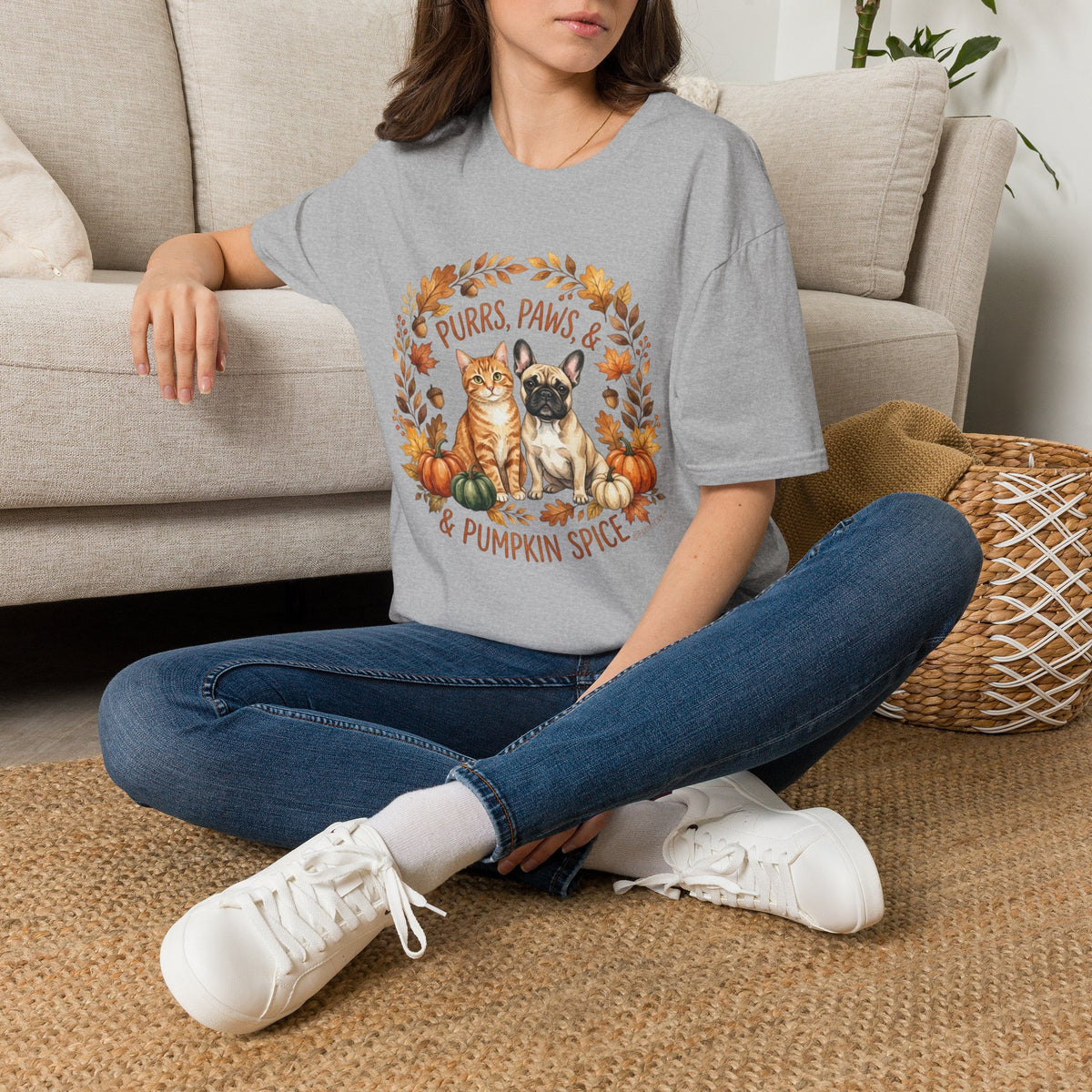 Purrs, Paws & Pumpkin Spice T-Shirt — Fall Cat & Dog Autumn Tee
