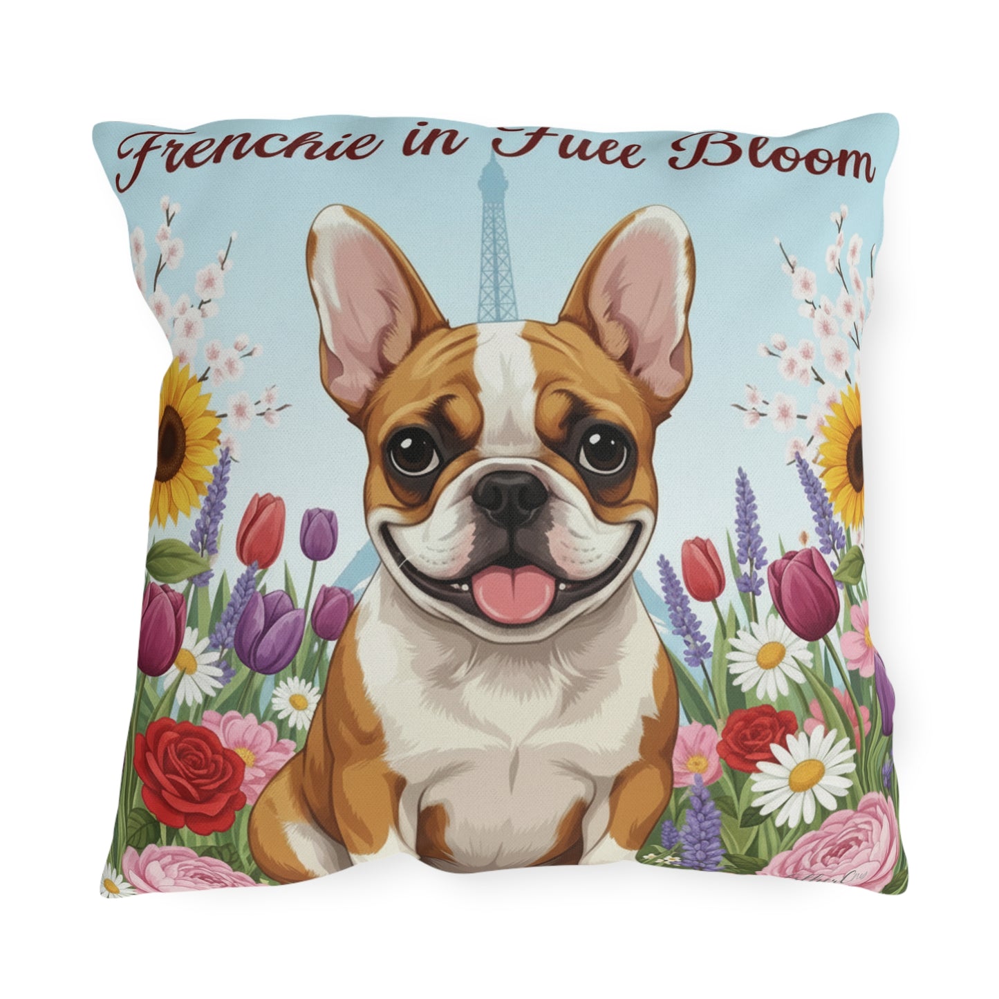 Outdoor Pillow – "Frenchie in Full Bloom" Floral French Bulldog Garden Accent