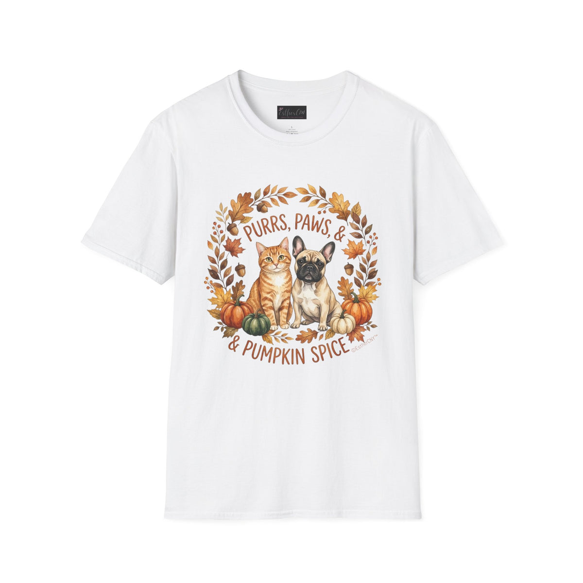 Purrs, Paws & Pumpkin Spice T-Shirt — Fall Cat & Dog Autumn Tee