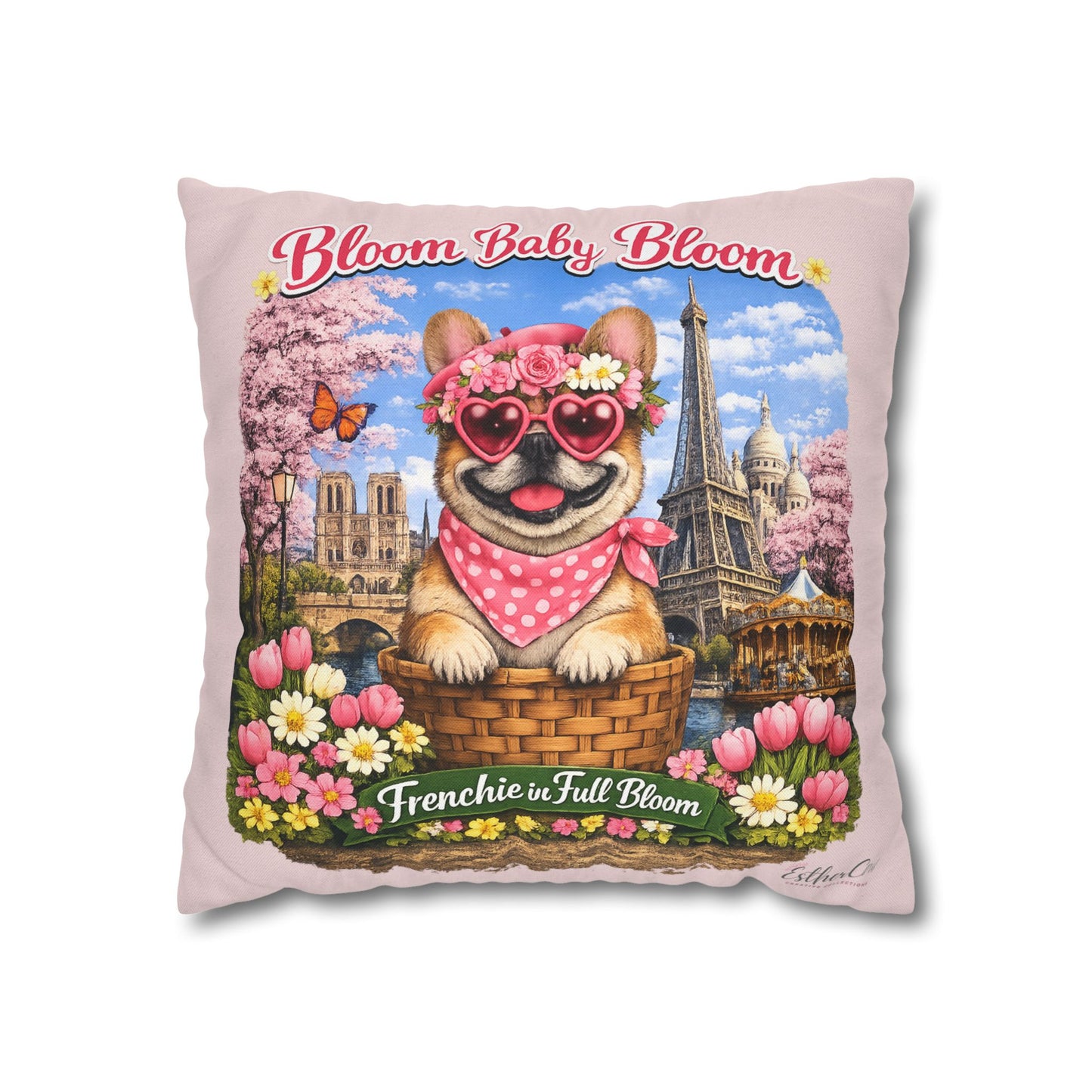 Frenchie in Full Bloom Square Pillow — "Bloom Baby Bloom" Floral Dog Decor