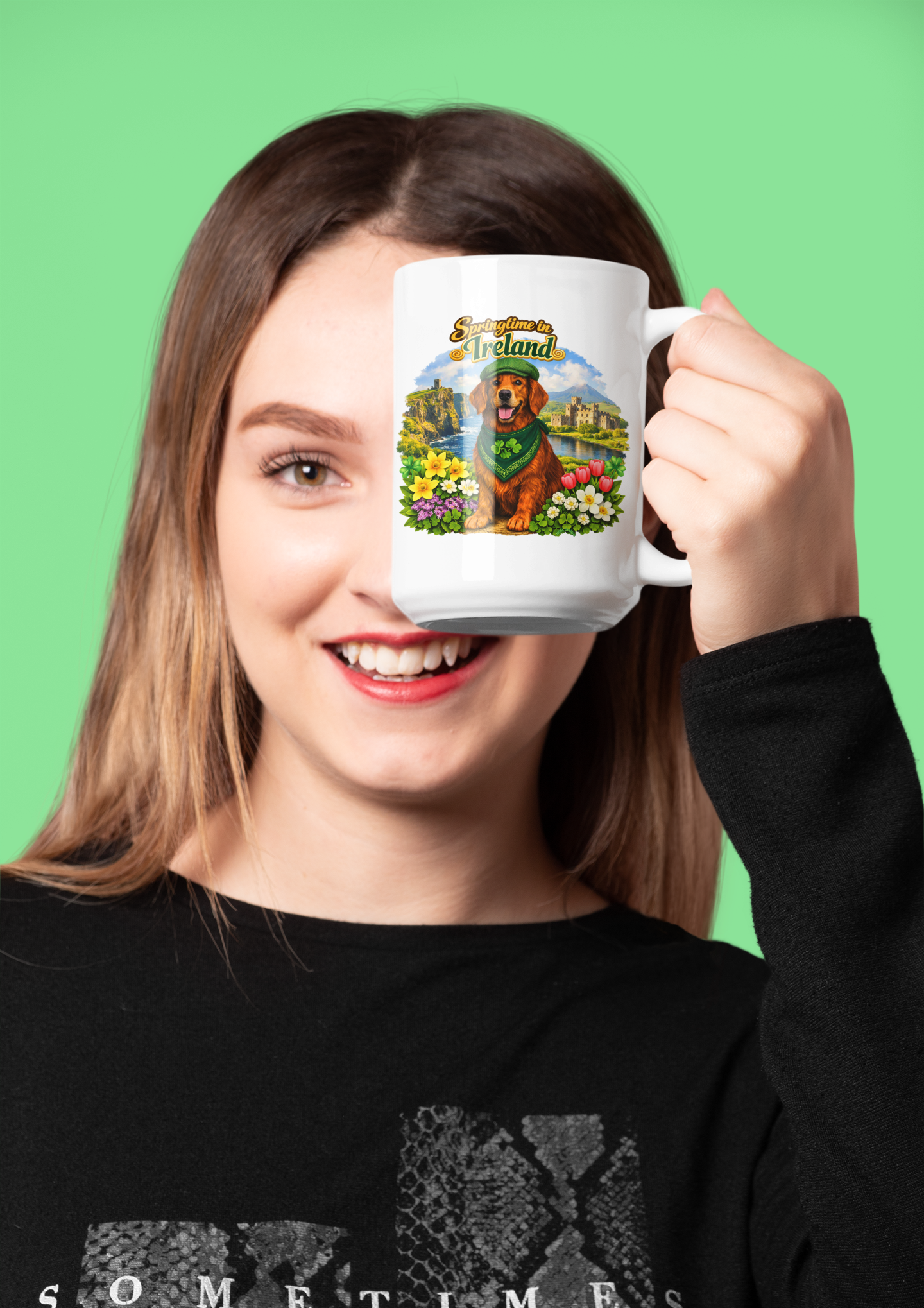 Springtime in Ireland Mug — Lucky Golden Retriever & Shamrock Scenic 15oz Coffee Cup