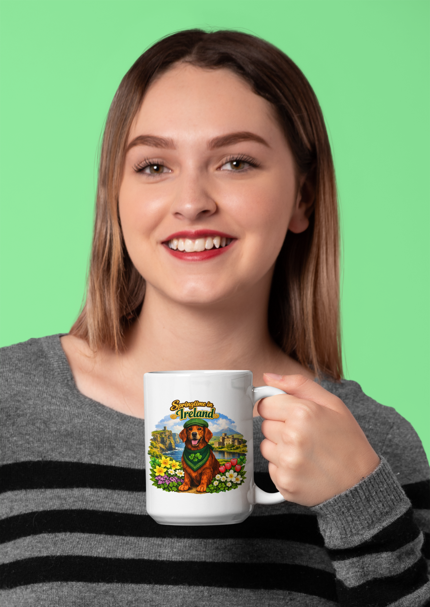 Springtime in Ireland Mug — Lucky Golden Retriever & Shamrock Scenic 15oz Coffee Cup