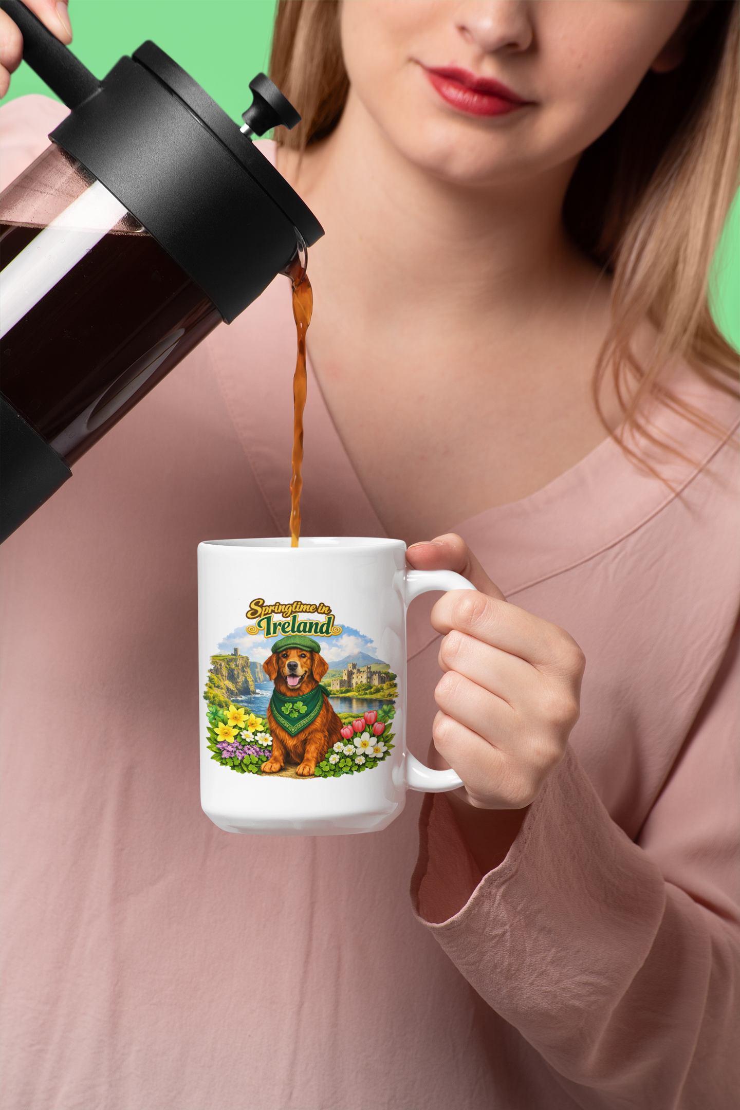 Springtime in Ireland Mug — Lucky Golden Retriever & Shamrock Scenic 15oz Coffee Cup