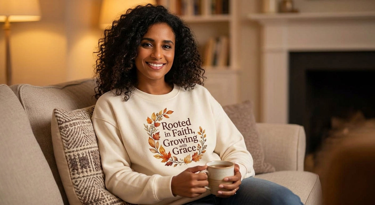 Faith-Inspired Crewneck Sweatshirt — "Rooted in Faith, Growing with Grace" Autumn Wreath