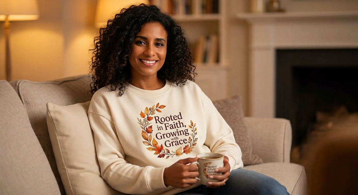 Faith-Inspired Crewneck Sweatshirt — "Rooted in Faith, Growing with Grace" Autumn Wreath