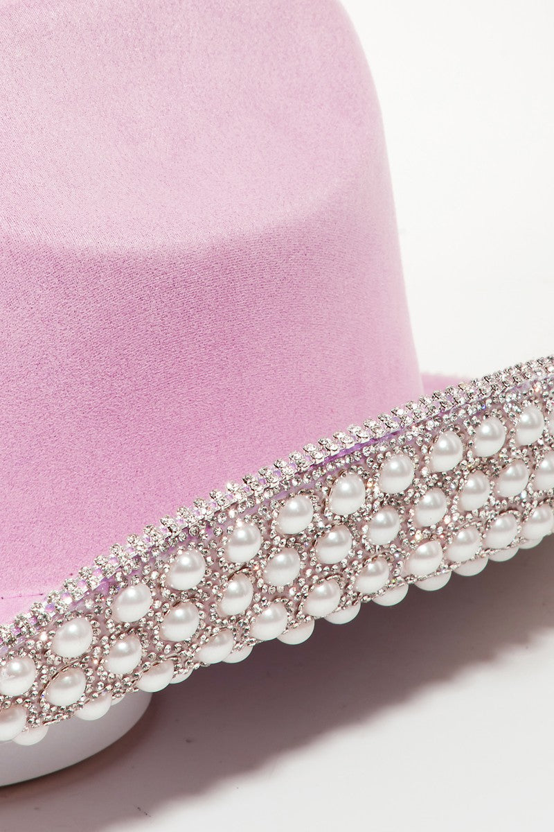 Sombrero vaquero con ribete de perlas y diamantes de imitación Fame