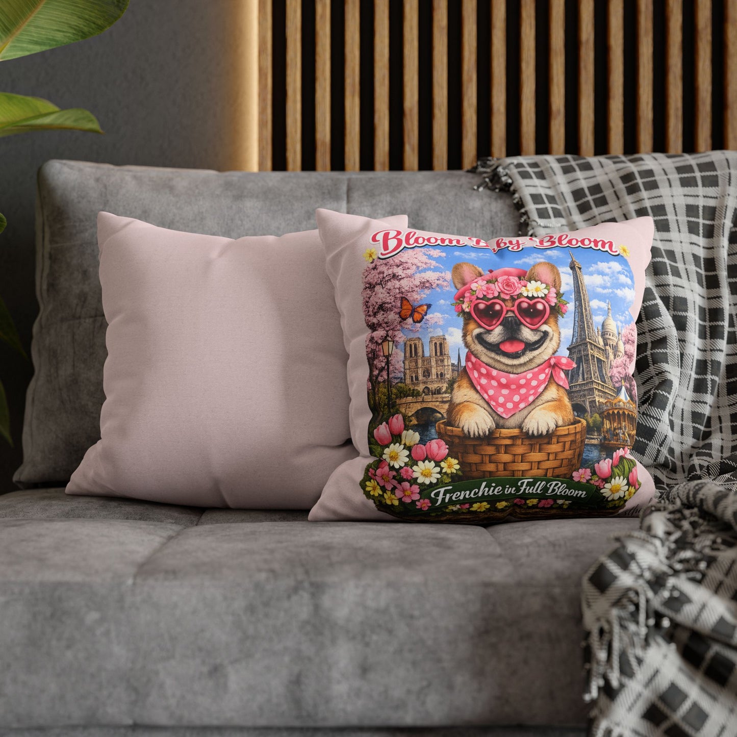Frenchie in Full Bloom Square Pillow — "Bloom Baby Bloom" Floral Dog Decor