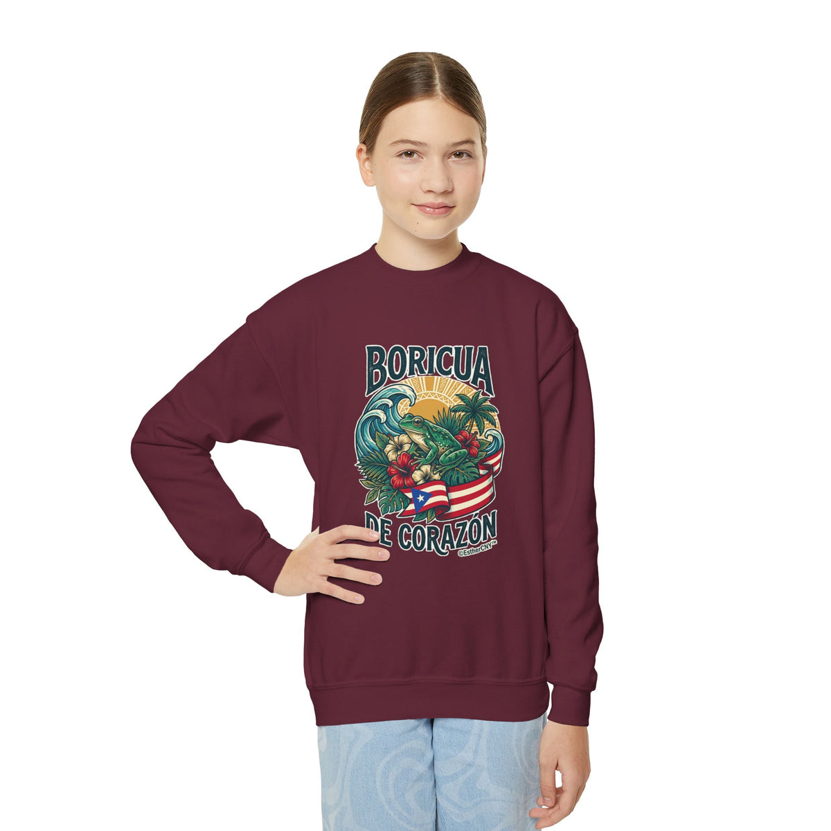 Youth Crewneck Sweatshirt — "Boricua de Corazón / La Isla en Mi Corazón" Puerto Rican Pride Pullover