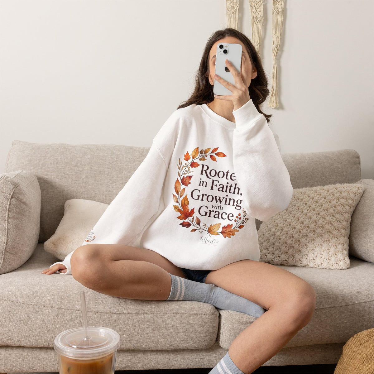 Faith-Inspired Crewneck Sweatshirt — "Rooted in Faith, Growing with Grace" Autumn Wreath