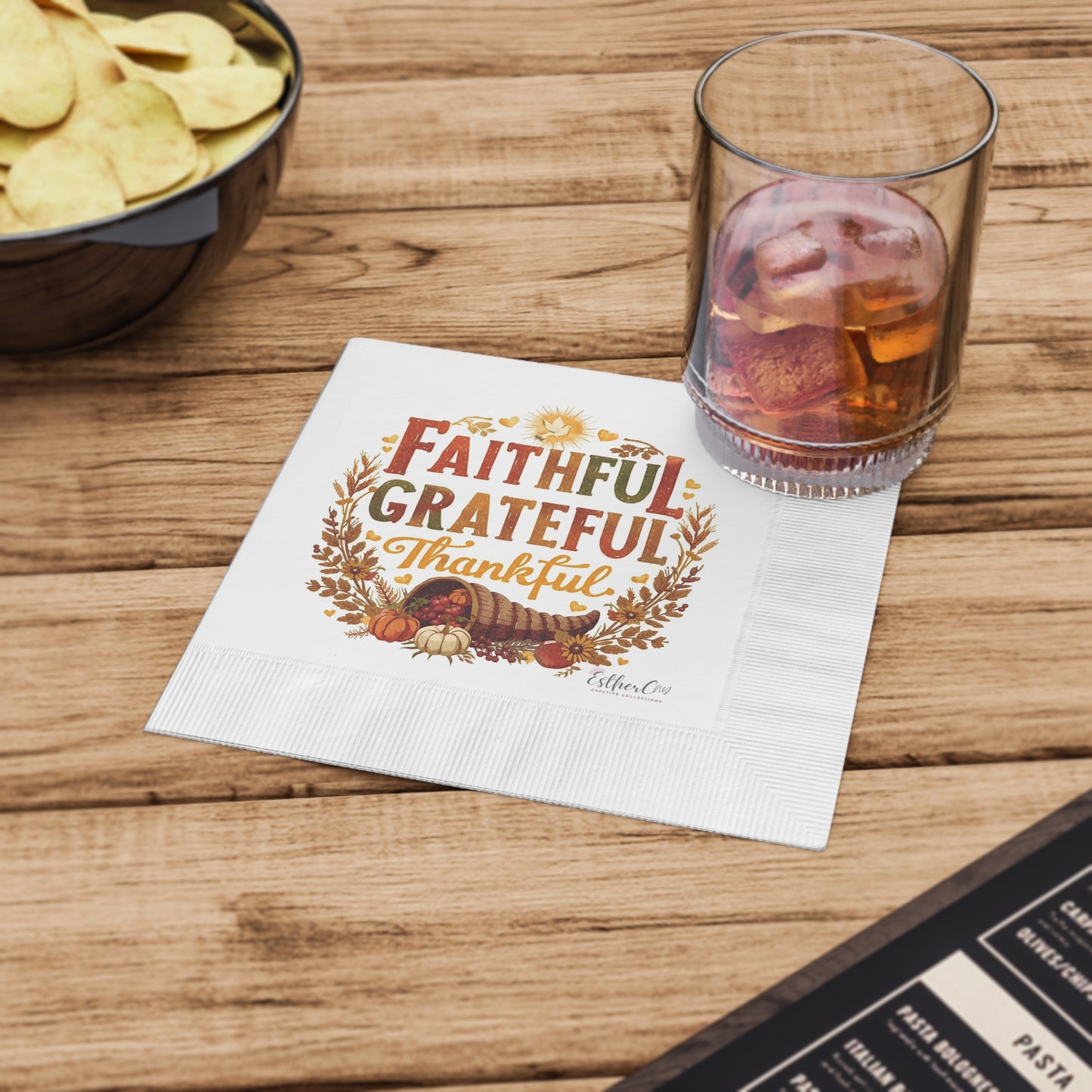 Faithful Grateful Thankful Cocktail Napkins — Fall Thanksgiving Party Napkins