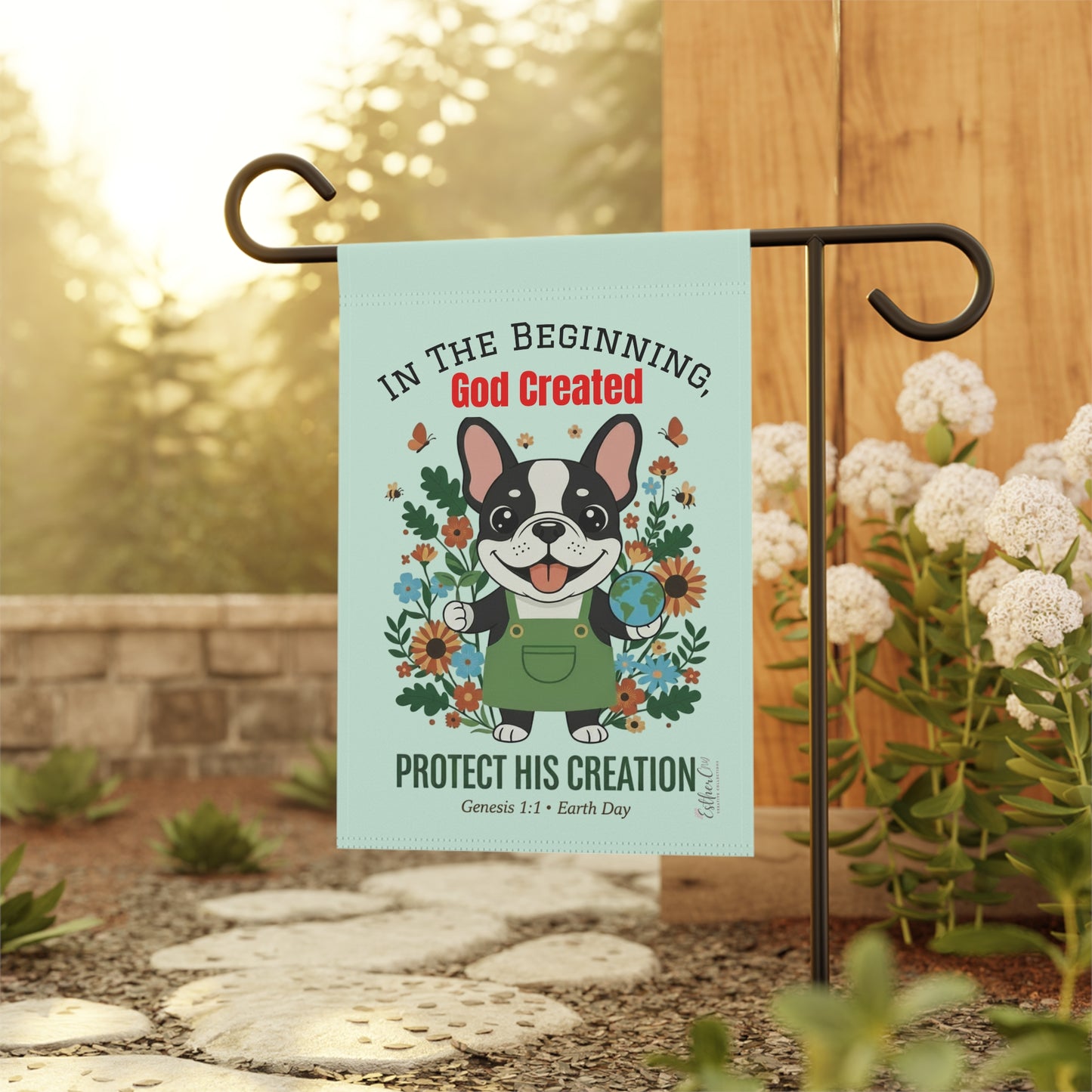 Garden Flag — “Protect His Creation” Floral Dog Garden Banner (Genesis 1:1, Earth Day)
