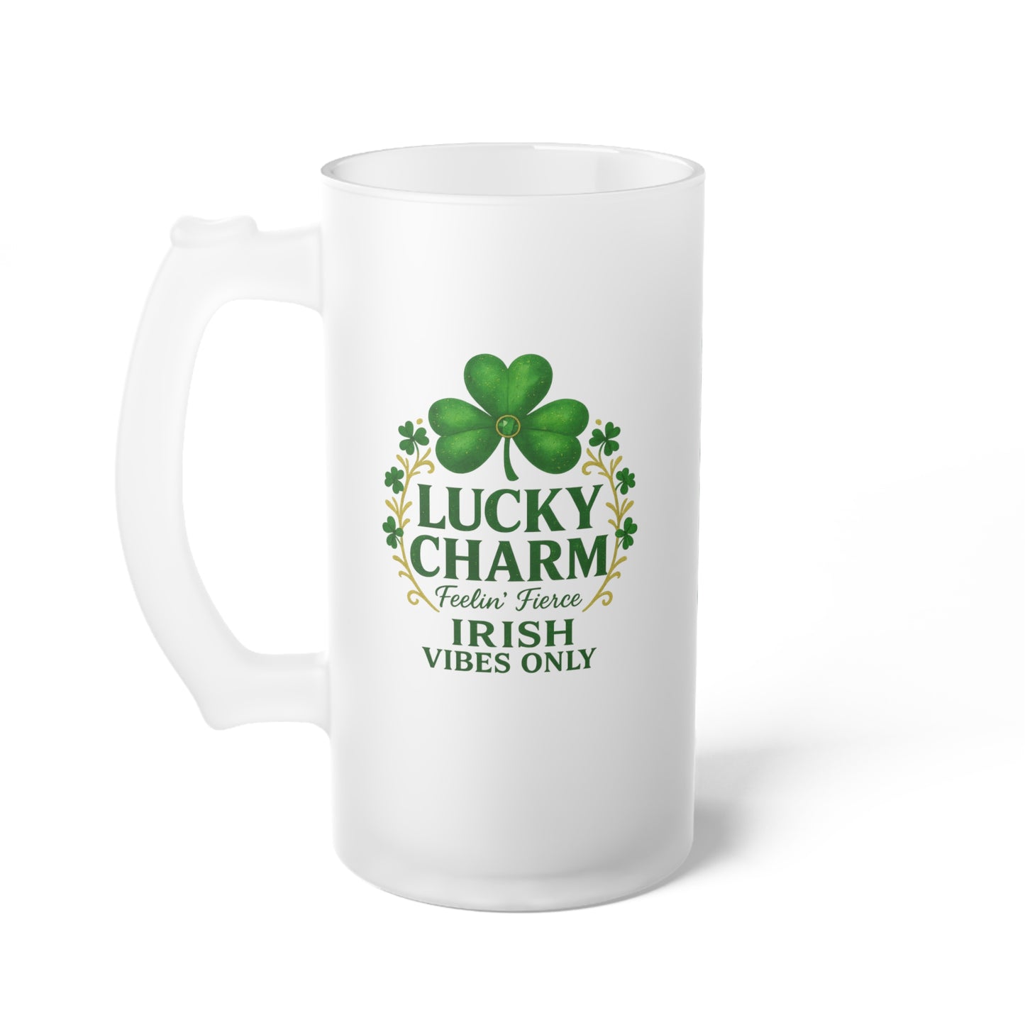 Lucky Charm Shamrock Crest Frosted Glass Beer Mug — St. Patrick’s Day