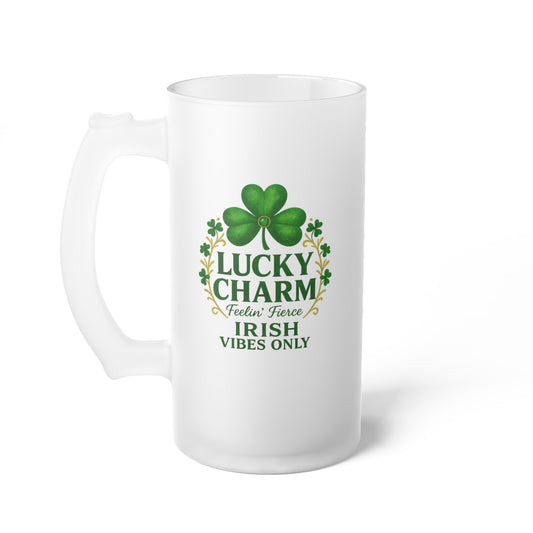 Lucky Charm Shamrock Crest Frosted Glass Beer Mug — St. Patrick’s Day