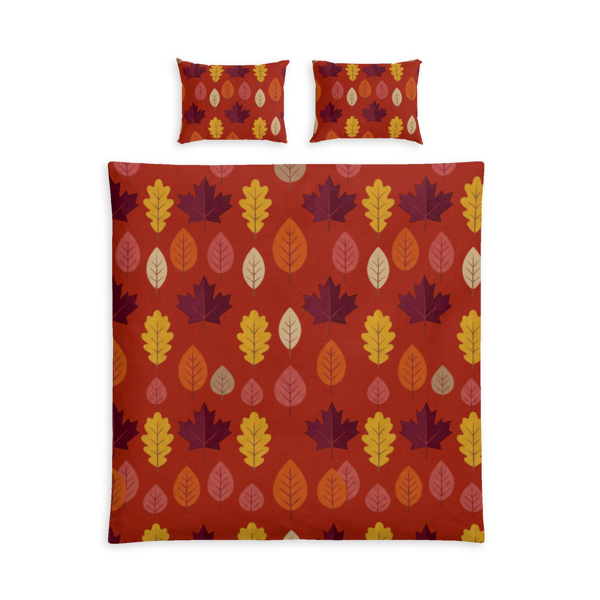 Autumn Leaves Cotton Bed Set — Fall Leaf Pattern Duvet Cover & Pillowcases (Red)