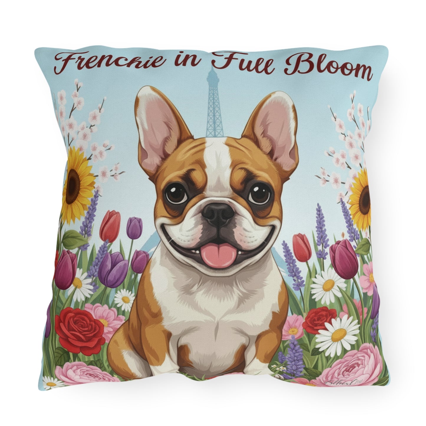 Outdoor Pillow – "Frenchie in Full Bloom" Floral French Bulldog Garden Accent