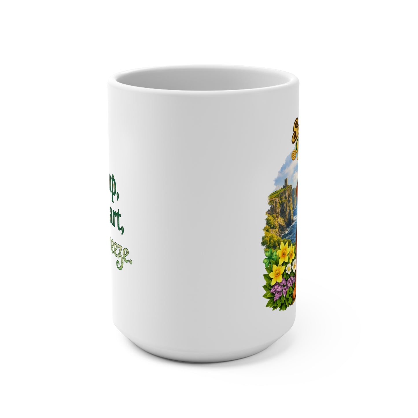 Springtime in Ireland Mug — Lucky Golden Retriever & Shamrock Scenic 15oz Coffee Cup