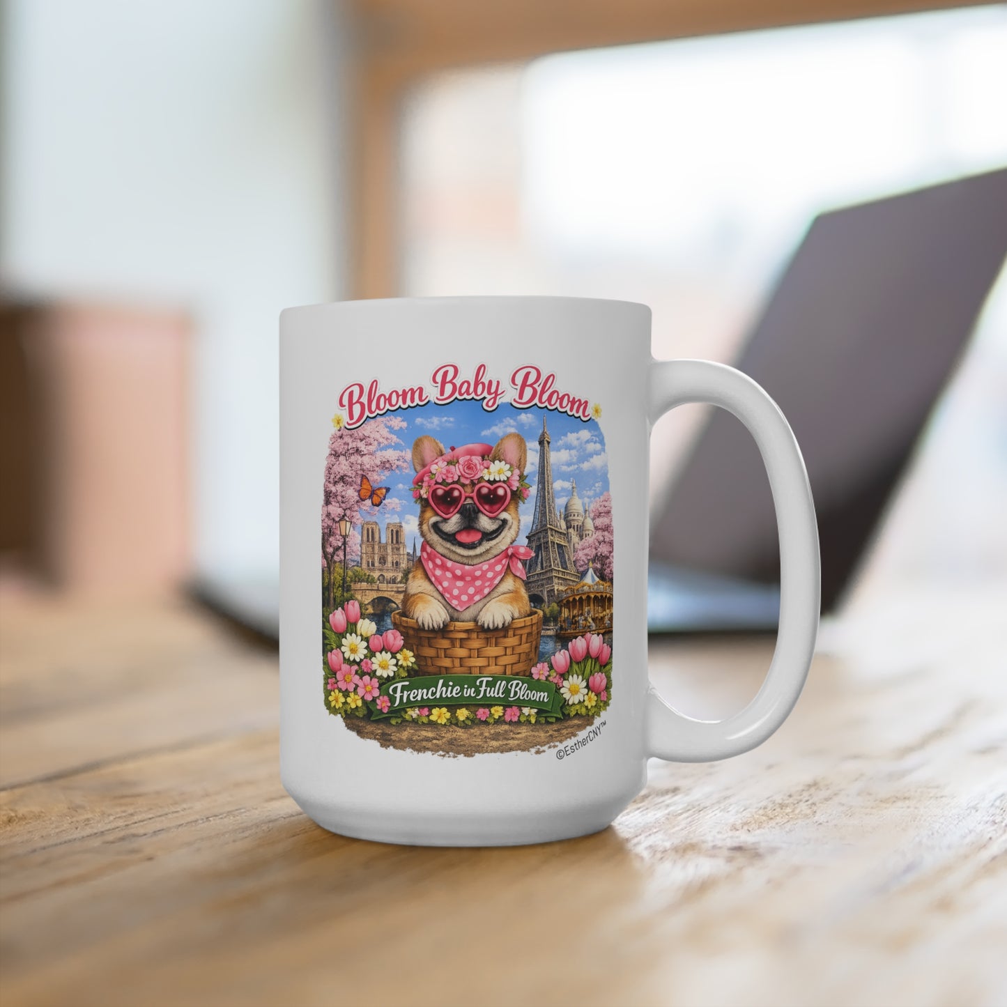 Frenchie in Full Bloom 15oz Ceramic Mug — Parisian Floral Dog Coffee Cup
