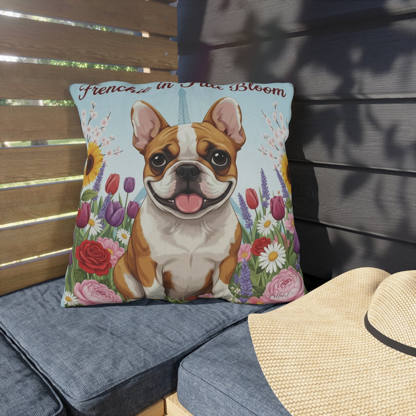 Outdoor Pillow – "Frenchie in Full Bloom" Floral French Bulldog Garden Accent