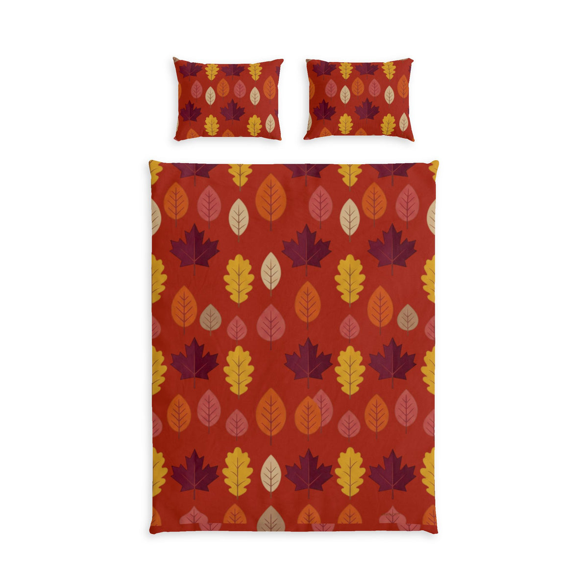 Autumn Leaves Cotton Bed Set — Fall Leaf Pattern Duvet Cover & Pillowcases (Red)