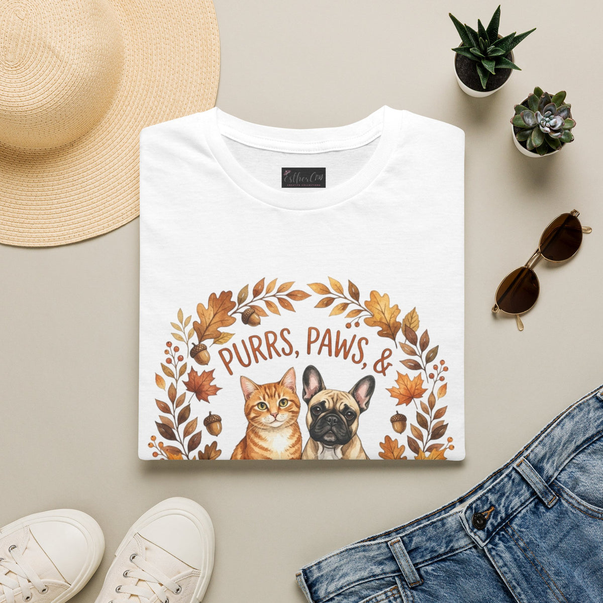 Purrs, Paws & Pumpkin Spice T-Shirt — Fall Cat & Dog Autumn Tee