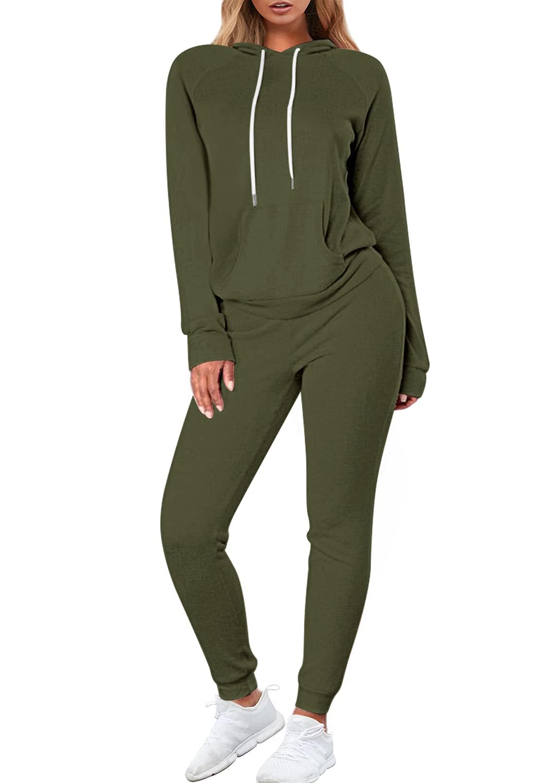 FUPHINE Conjunto de 2 piezas para mujer, conjunto de sudadera con capucha de manga larga y pantalones deportivos, conjunto de jersey y tops para estar en casa (verde militar, M)