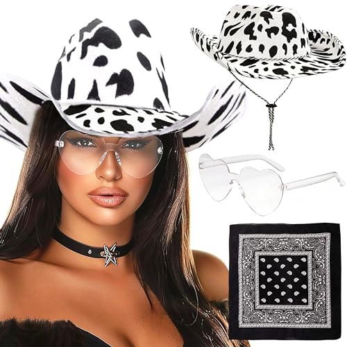 JeVenis Set of 3 Cowgirl Hat Cowboy Hat Women Western Cowgirl Hat Bandana Sunglasses Earrings Bachelorette Birthday
