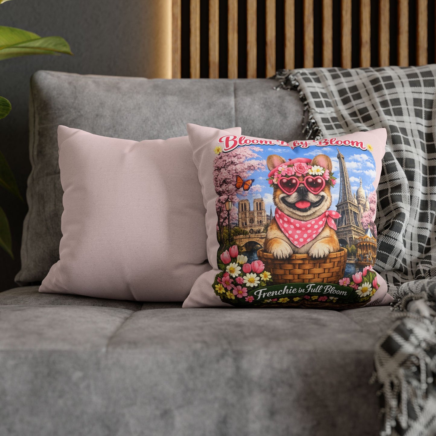 Frenchie in Full Bloom Square Pillow — "Bloom Baby Bloom" Floral Dog Decor