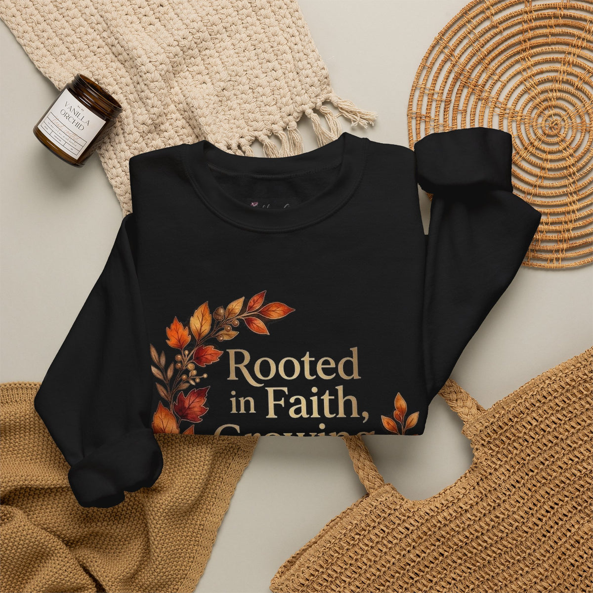 Faith-Inspired Crewneck Sweatshirt — "Rooted in Faith, Growing with Grace" Autumn Wreath