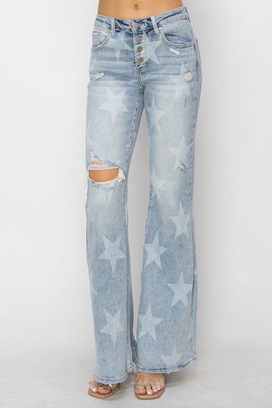 RISEN Mid Rise Button Fly Start Print Flare Jeans