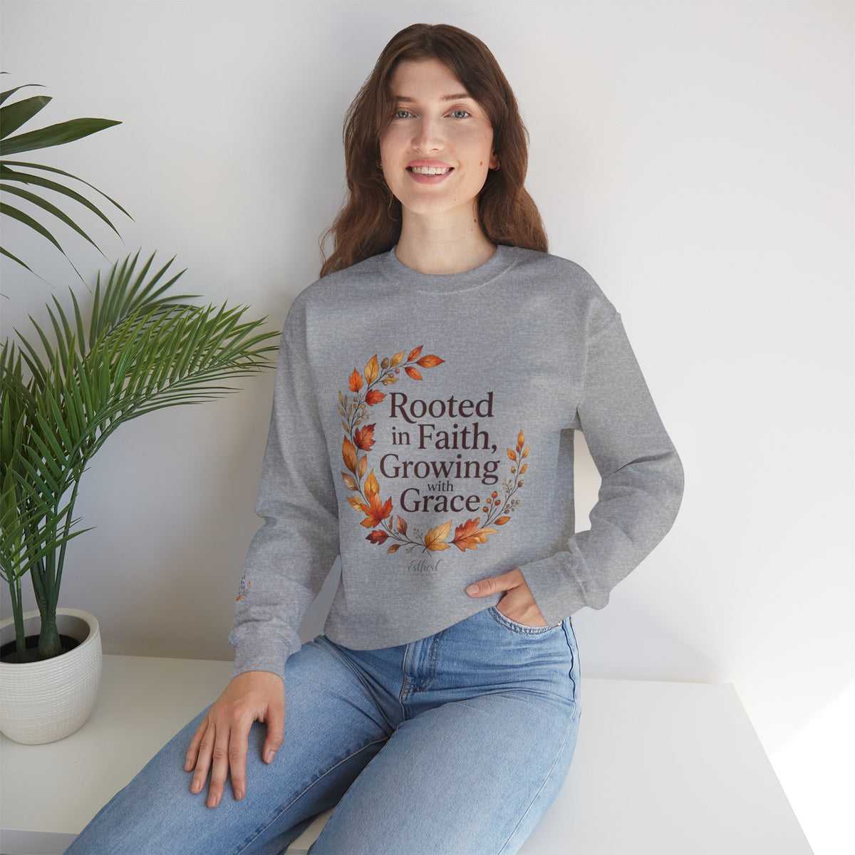 Faith-Inspired Crewneck Sweatshirt — "Rooted in Faith, Growing with Grace" Autumn Wreath