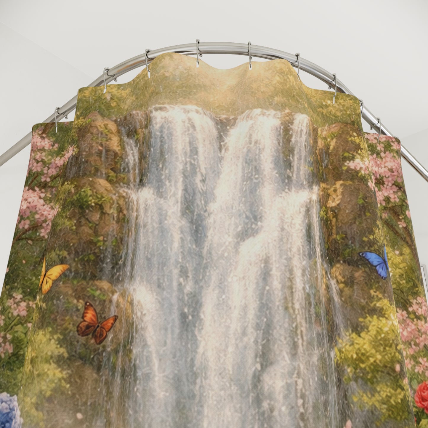 Waterfall Garden Shower Curtain — Hydrangea & Butterfly Bathroom Decor