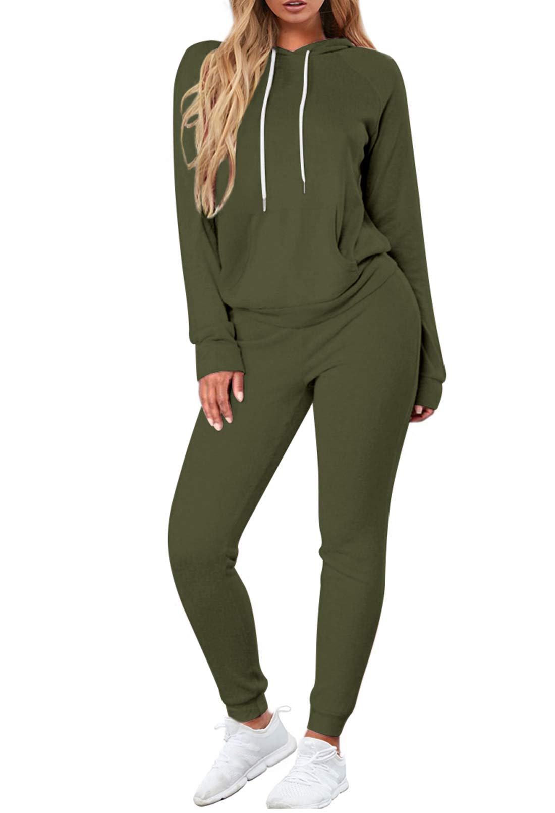 FUPHINE Conjunto de 2 piezas para mujer, conjunto de sudadera con capucha de manga larga y pantalones deportivos, conjunto de jersey y tops para estar en casa (verde militar, M)