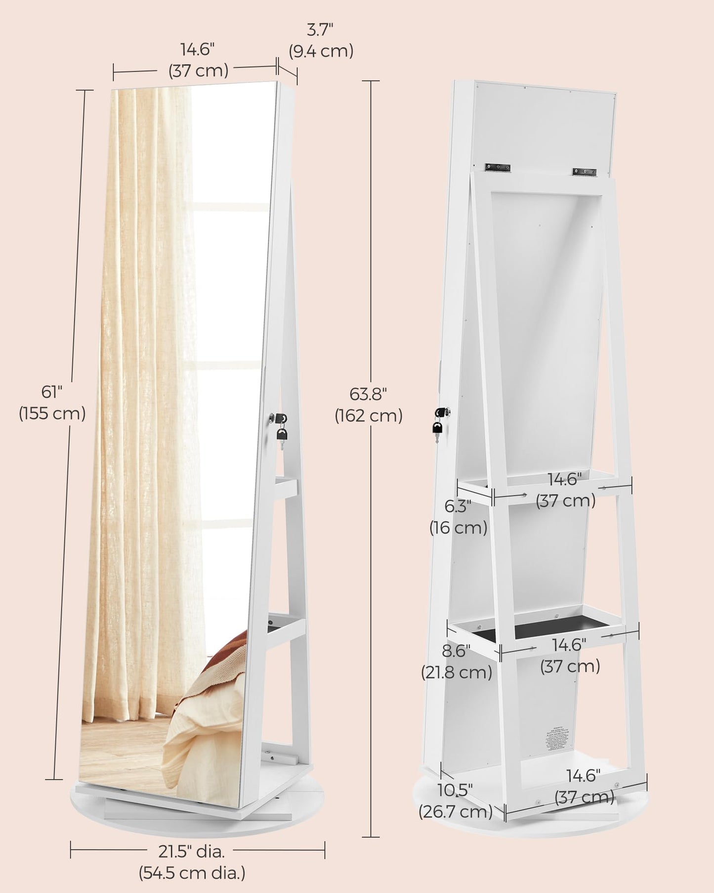 SONGMICS 6 LEDs Lockable Mirror Jewelry Cabinet, 360° Swivel Jewelry Organizer, Standing Jewelry Armoire, Frameless Full-Length Mirror, 3 Storage Shelves, White Surface, Black Lining UJJC007W01