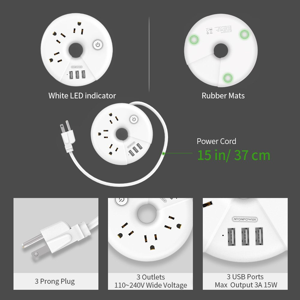 Travel Power Strip, NTONPOWER 3 Outlets 3 USB Portable Desktop Charging Station Short Extension Cord 15 inches for Office, Home, Hotels, Cruise Ship, Nightstand, White