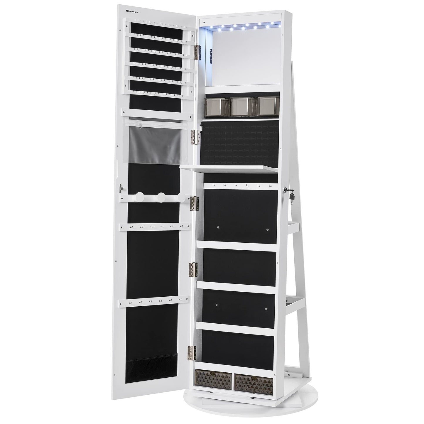 SONGMICS 6 LEDs Lockable Mirror Jewelry Cabinet, 360° Swivel Jewelry Organizer, Standing Jewelry Armoire, Frameless Full-Length Mirror, 3 Storage Shelves, White Surface, Black Lining UJJC007W01