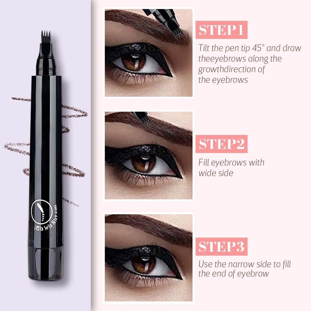 Magic Eyebrow Pencil, 2024 New 3D Waterproof Microblading Eyebrow Pencil Contouring Pen, 4 Tipped Precise Brow Pen, Fine Stroke Microblading Eyebrow Pencil Natural (A - Dark Brown)