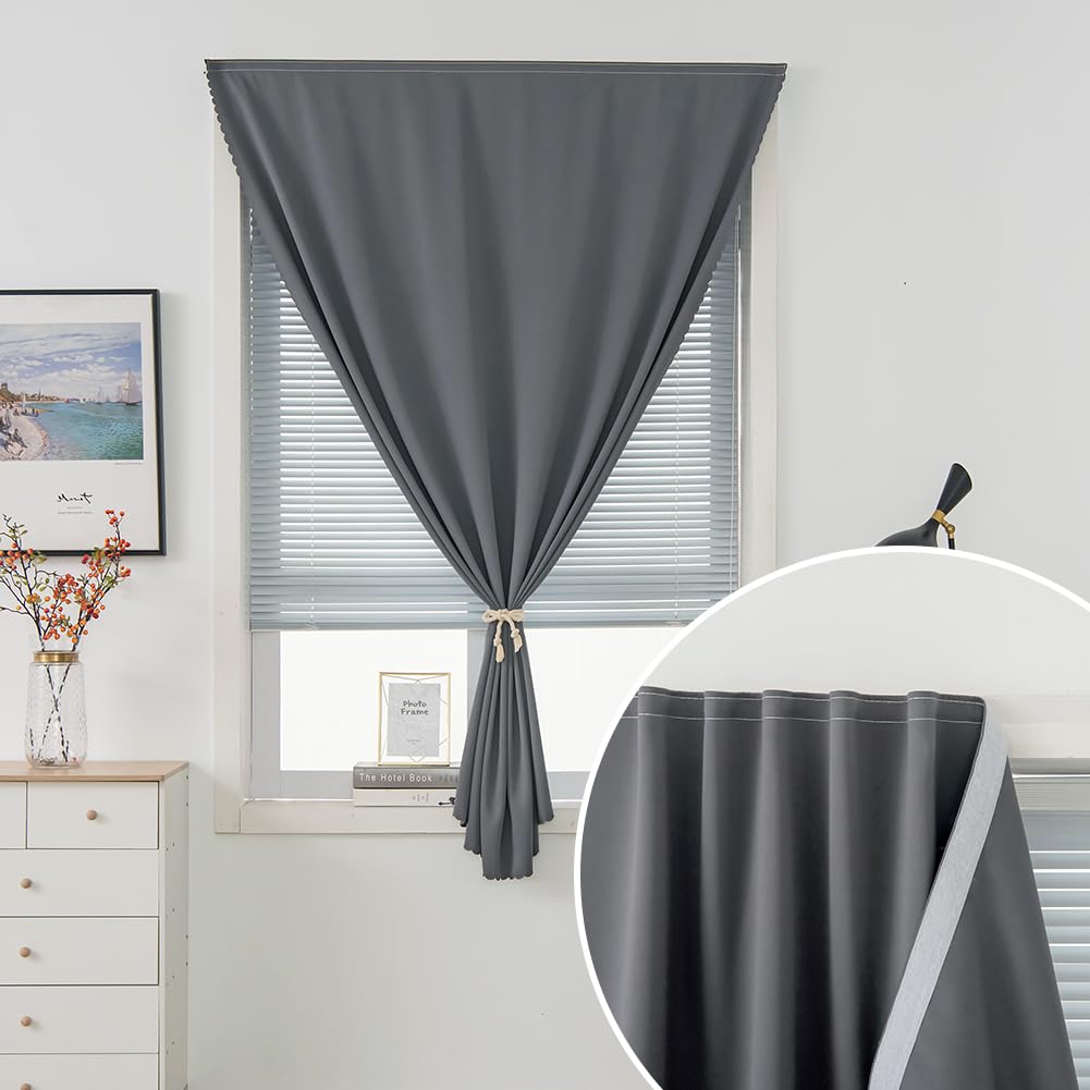 Sovtfides Blackout Curtains with Self Adhesive Tape No Rod No Drill Easy Install Window Cover for Bedroom Kitchen Dorm 34" W X 59" L Grey 1 Panel