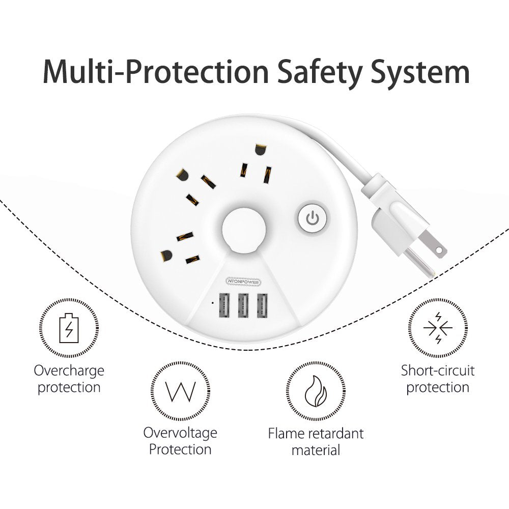 Travel Power Strip, NTONPOWER 3 Outlets 3 USB Portable Desktop Charging Station Short Extension Cord 15 inches for Office, Home, Hotels, Cruise Ship, Nightstand, White