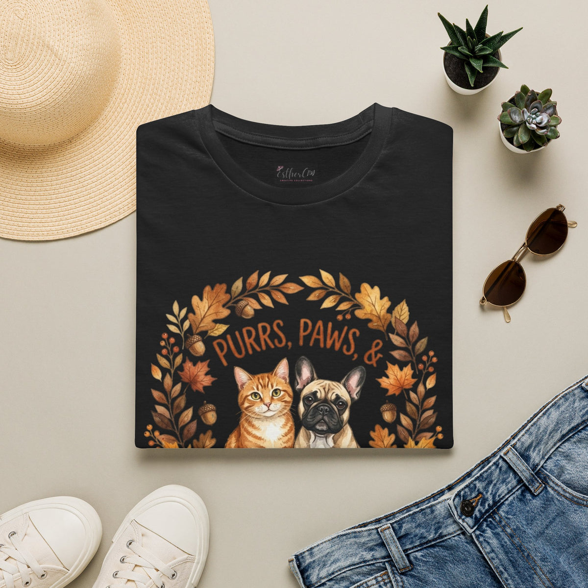 Purrs, Paws & Pumpkin Spice T-Shirt — Fall Cat & Dog Autumn Tee