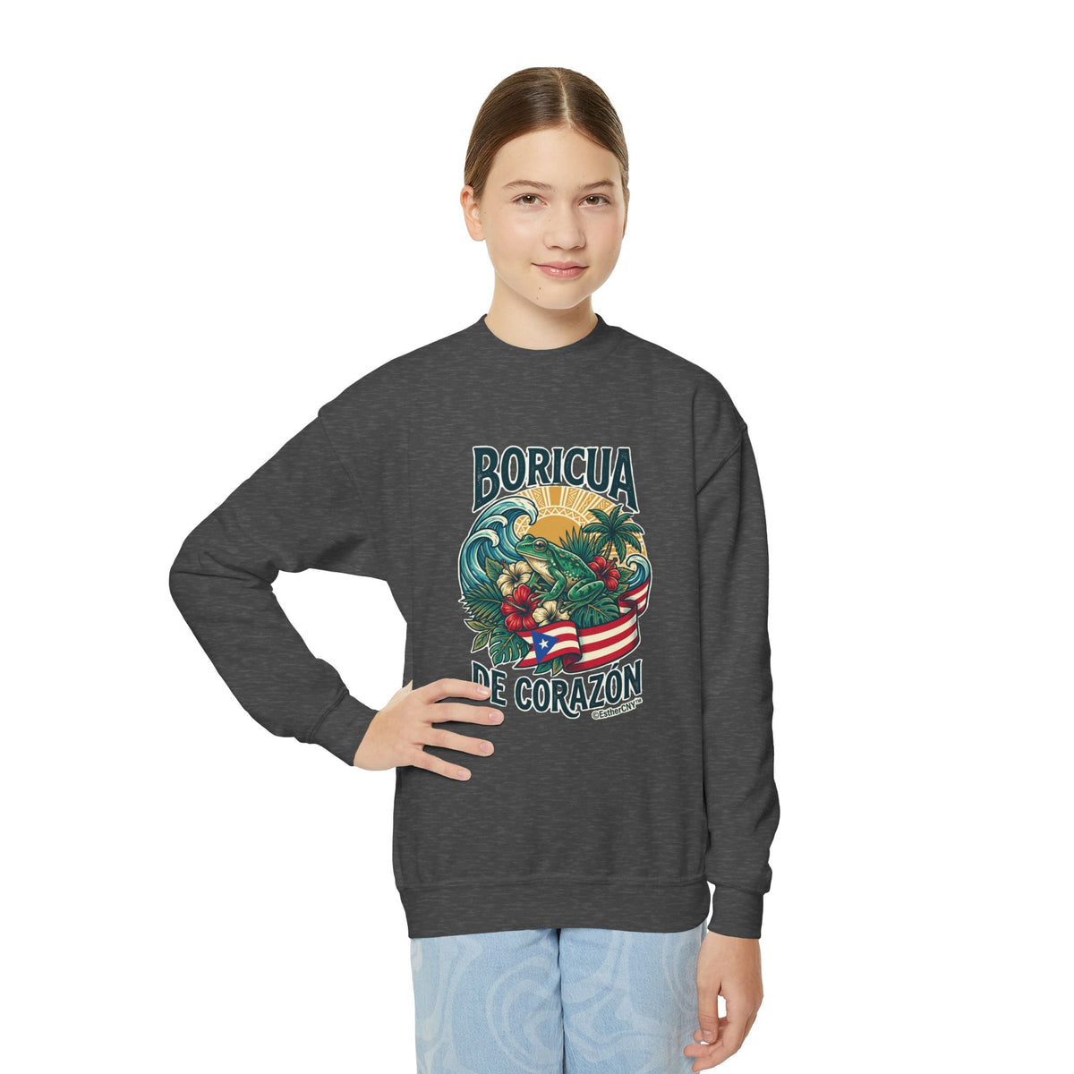Youth Crewneck Sweatshirt — "Boricua de Corazón / La Isla en Mi Corazón" Puerto Rican Pride Pullover
