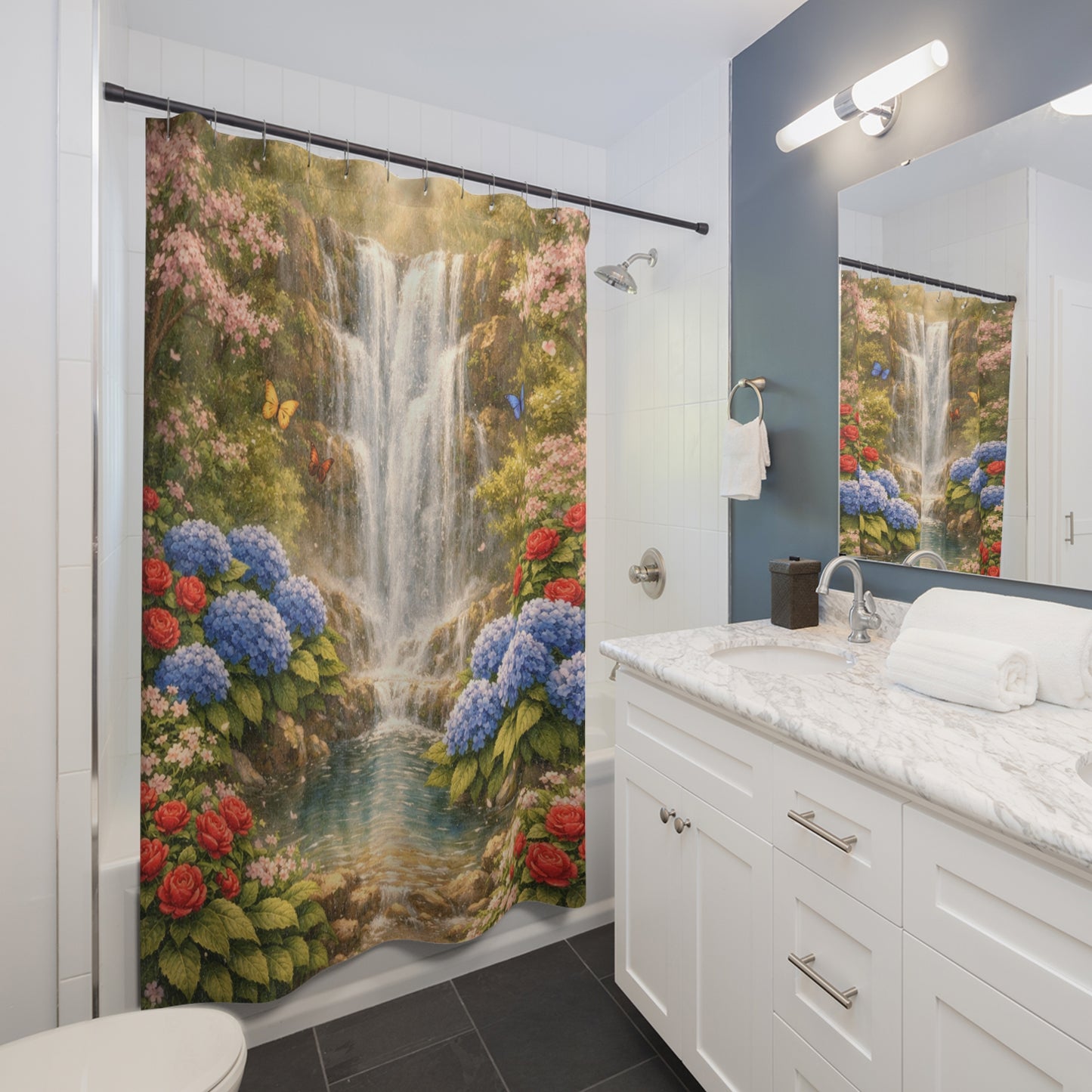 Waterfall Garden Shower Curtain — Hydrangea & Butterfly Bathroom Decor