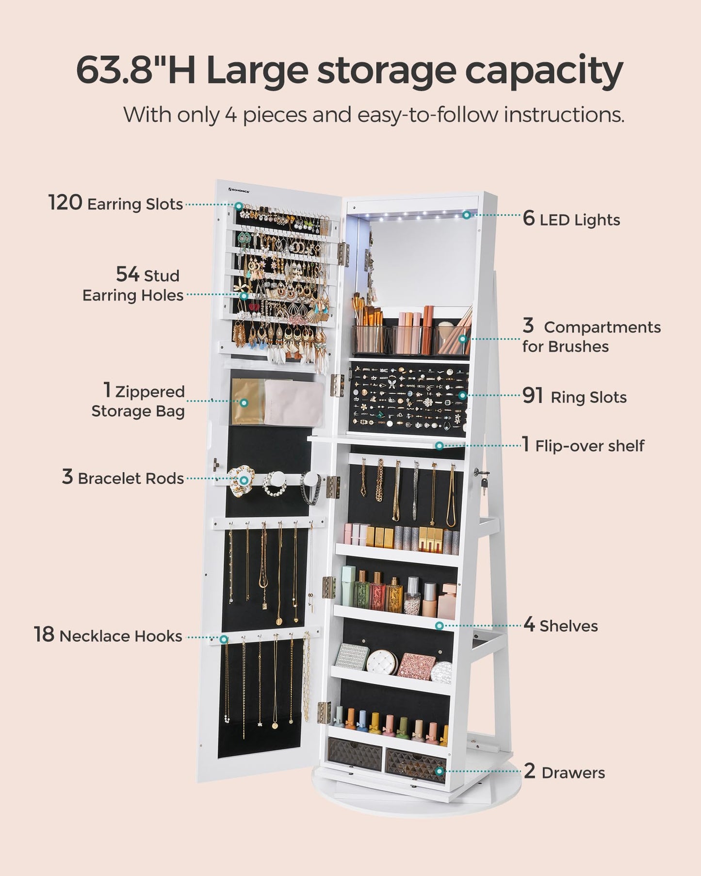 SONGMICS 6 LEDs Lockable Mirror Jewelry Cabinet, 360° Swivel Jewelry Organizer, Standing Jewelry Armoire, Frameless Full-Length Mirror, 3 Storage Shelves, White Surface, Black Lining UJJC007W01