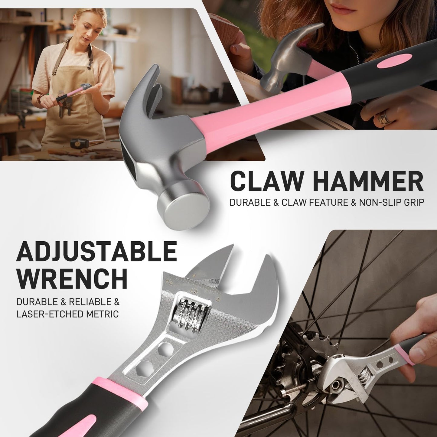 COMOWARE 218 Pcs Pink Home Tool Kit, Basic Household Hand Tool Set with Bag, Ladies Hand Tool Kit Women Home Repairing Tool Kit for Home Maintenance Daily Use Homework DIY