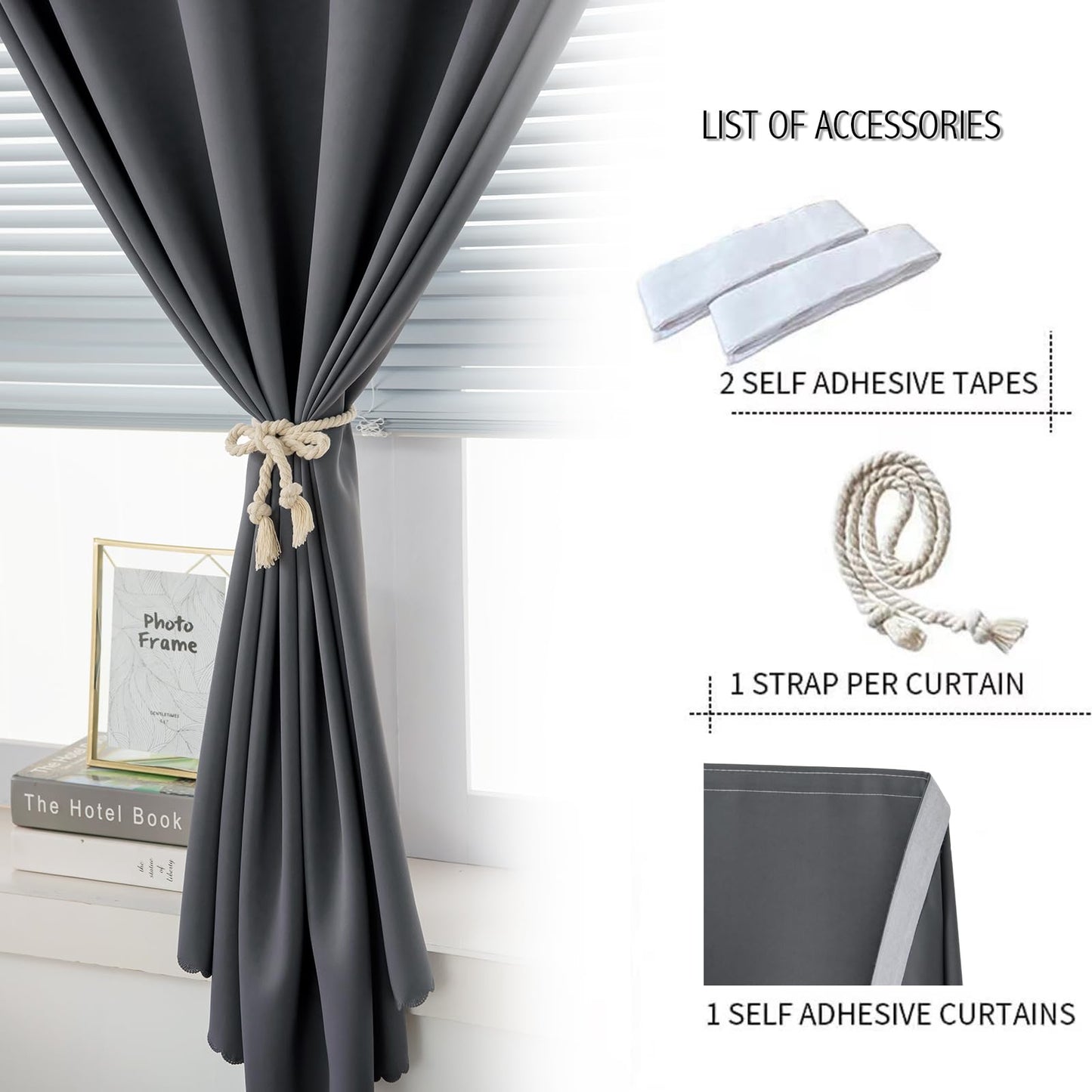 Sovtfides Blackout Curtains with Self Adhesive Tape No Rod No Drill Easy Install Window Cover for Bedroom Kitchen Dorm 34" W X 59" L Grey 1 Panel