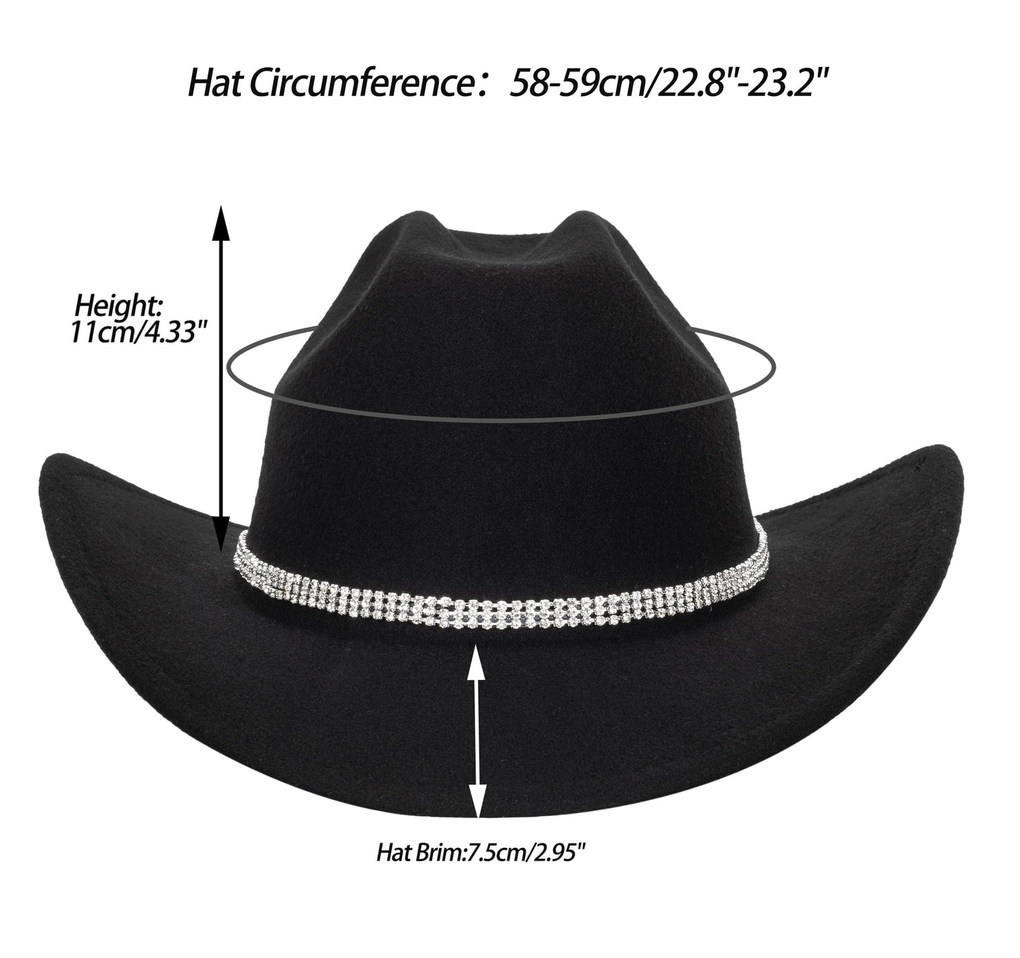 Classic Felt-Western-Cowboy-Cowgirl-Hats for Women-Men Fedora-Jazz-Hat with Belt Black(Lagre)